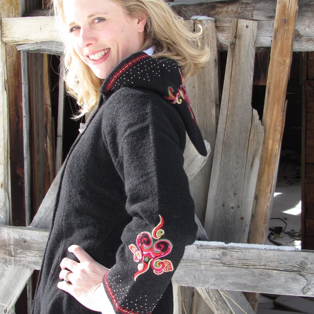 Boiled wool hooded swing coat. Norwegian designed.